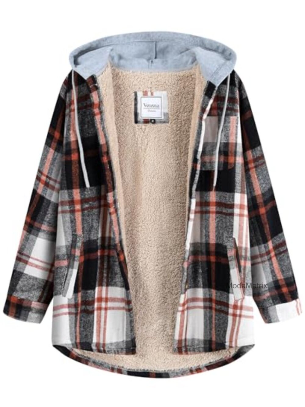 Sherpa Lined Plaid Shacket Hooded Fleece Jacket Button Front Casual